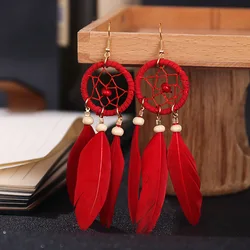 Zielone niebieskie czerwone pióro Tassel kolczyki dla kobiet Feather frędzlami Dreamcatcher długie kolczyki damskie Handmade Boho kolczyki biżuteria