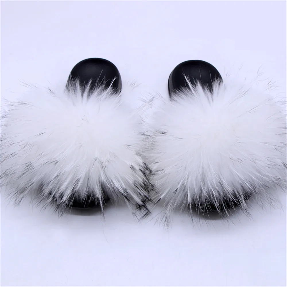 Monochrome Real Pure Natural Raccoon Fur Slippers Summer Indoor Non-Slip Fashion Soft Bottom Fur Fluffy Raccoon Slippers