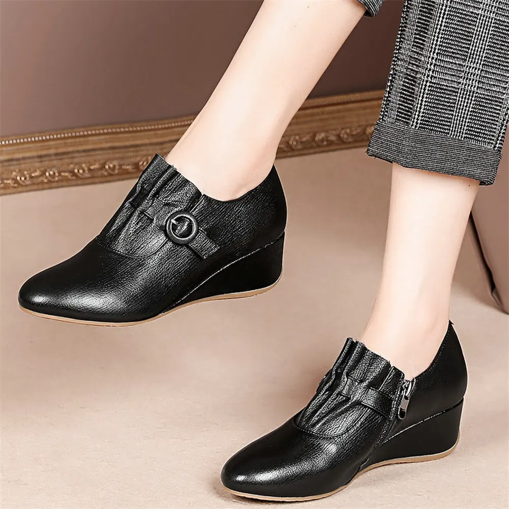 US Size 3-US Size 10.5 Oxfords Shoes Women Genuine Leather Wedges Ankle Boots Female Low Top Round Toe Pumps Shoes Casual Shoes