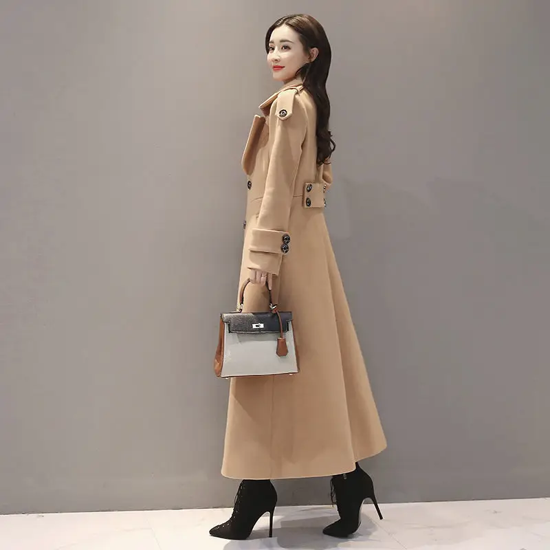 Women\'s Long Woolen Coat  2023 Spring Autumn New Korean Waist  Slimming Over-Knee Thick Keep Warm Woolen Coat Lady Overcoat W2