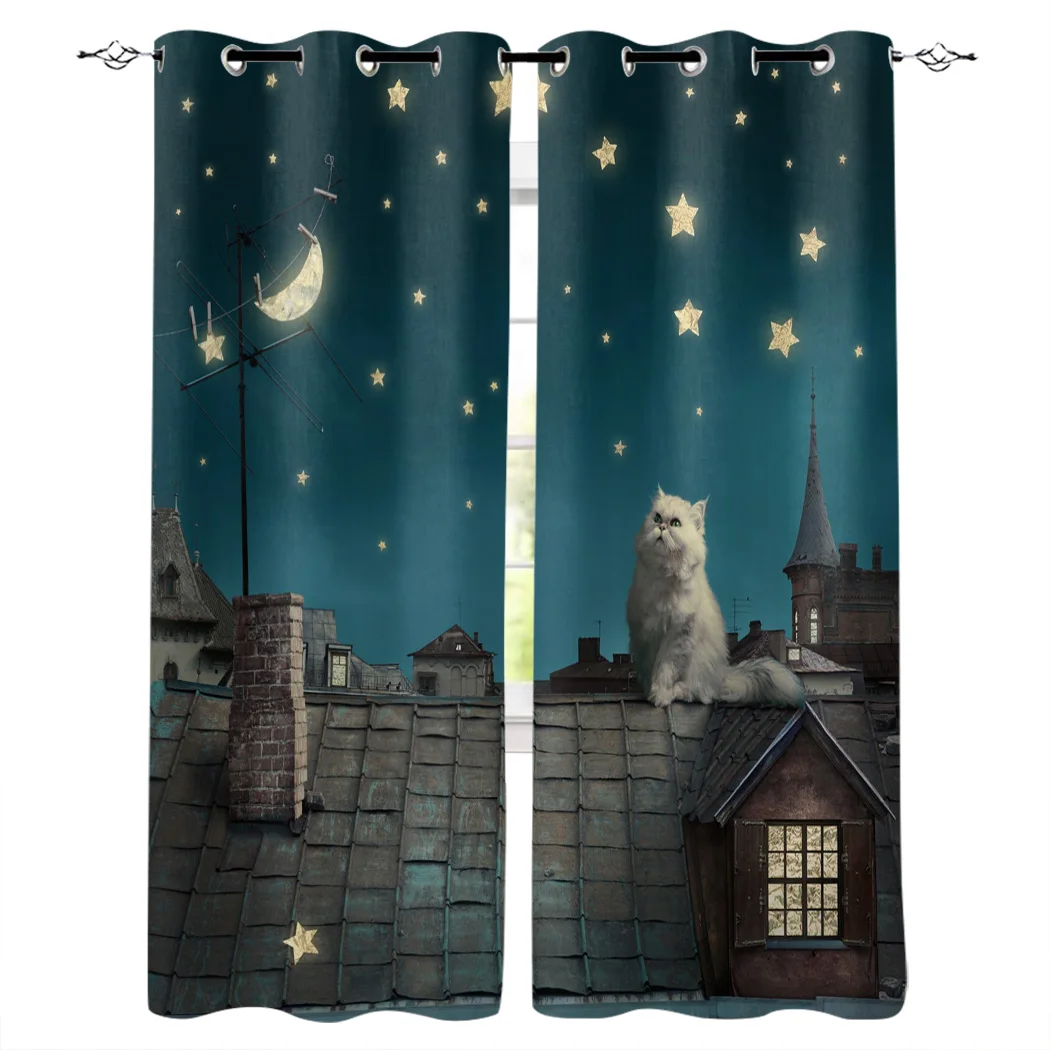 

Multi-size Kitten House Roof Moon Pattern Window Curtains Polyester Fabric Living Room Curtain Home Decor