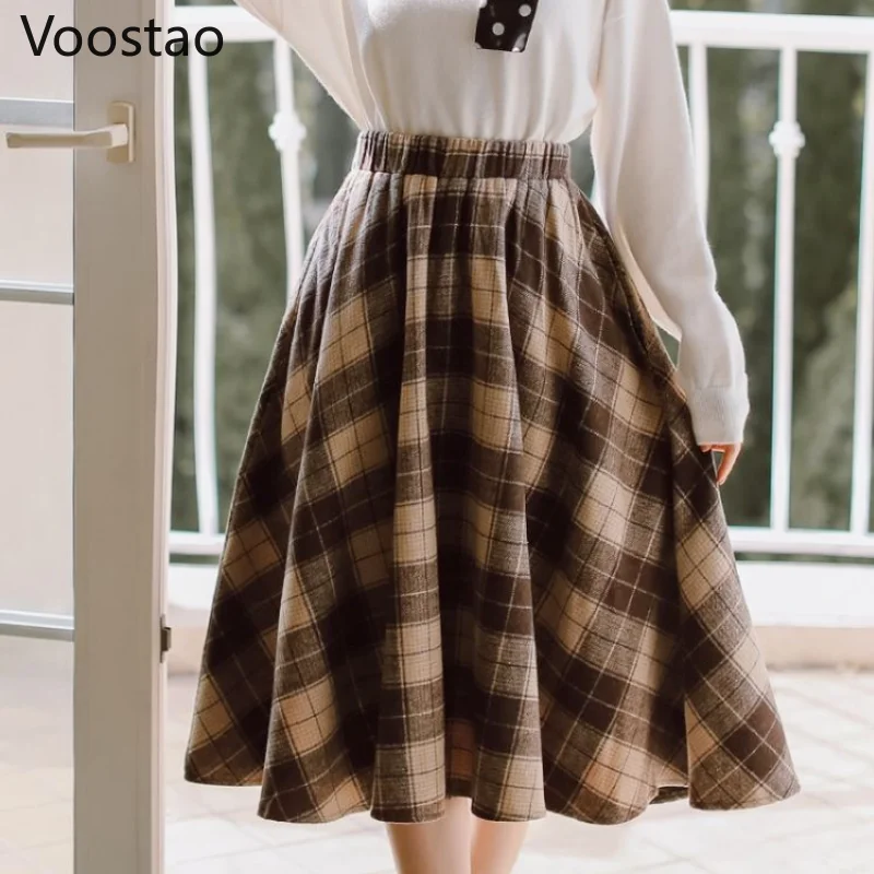 Autumn Winter Woolen Plaid Vintage Skirt Women Japanese Style Chic Patchwork Elegant Midi Skirt Female Y2k Korean Fashion Skirts