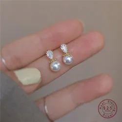 925 Sterling Silver Japanese Water Drop Crystal Pearl Plating 14k Gold Stud Earrings Women Small Fresh Charm Party Jewelry