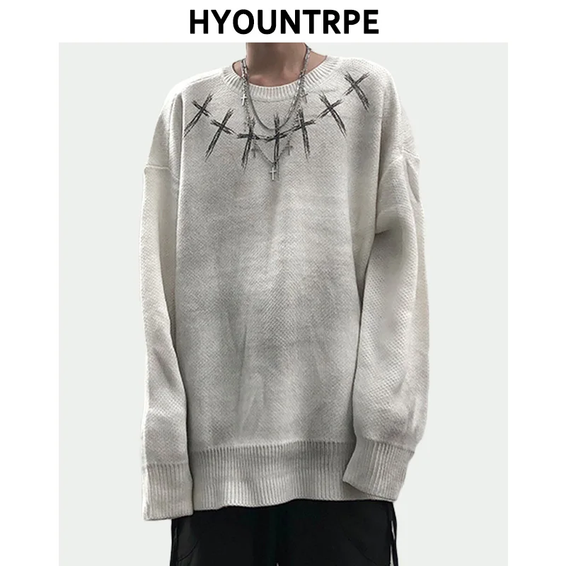 

High Street Vintage Wash Sweater Men Graffiti Loose Knitted Pullover Long Sleeve Hip Hop Oversize Sweater Casual Jumper Knitwear