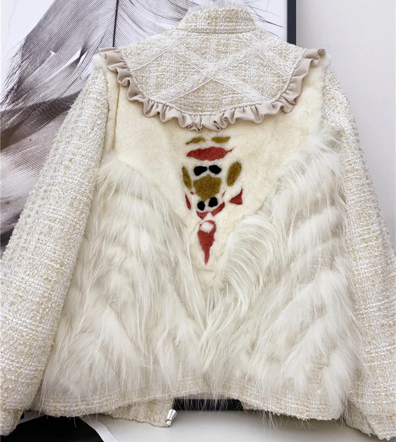 Tweed Patchwork Lace Winter Warm Rex Rabbit Coat Women Real Raccoon Fur Jacket Ruffle design