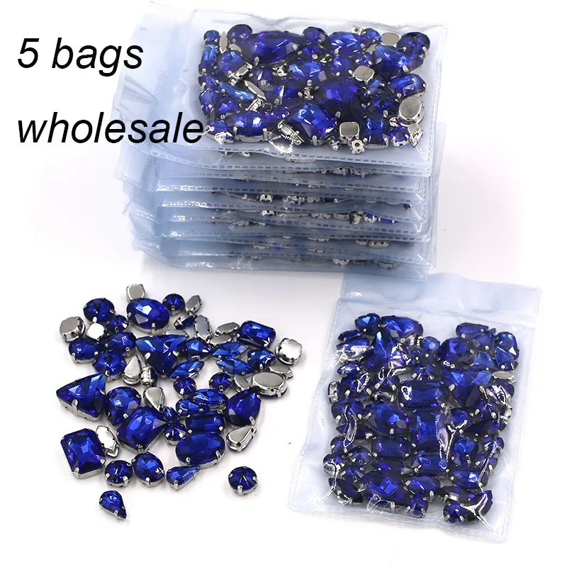 New Clothing accessories Wholesale 5 bags mixed shape glass crystal sliver base Royal blue rhinestones  diy wedding dress