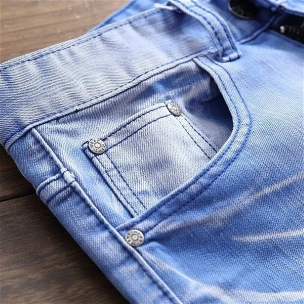 EH · MD® High Elastic Bleached Blue Jeans Men's Wavy Wrinkled Hole Patch Cotton Soft Small Straight High Street Slim Pants 2020