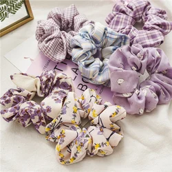 1PCS Sweet Plaid Floral Hair Ties Scrunchies Hair Rope Chiffon Rubber Bands Ponytail Holder Purple Hair Ring Hair Accessories