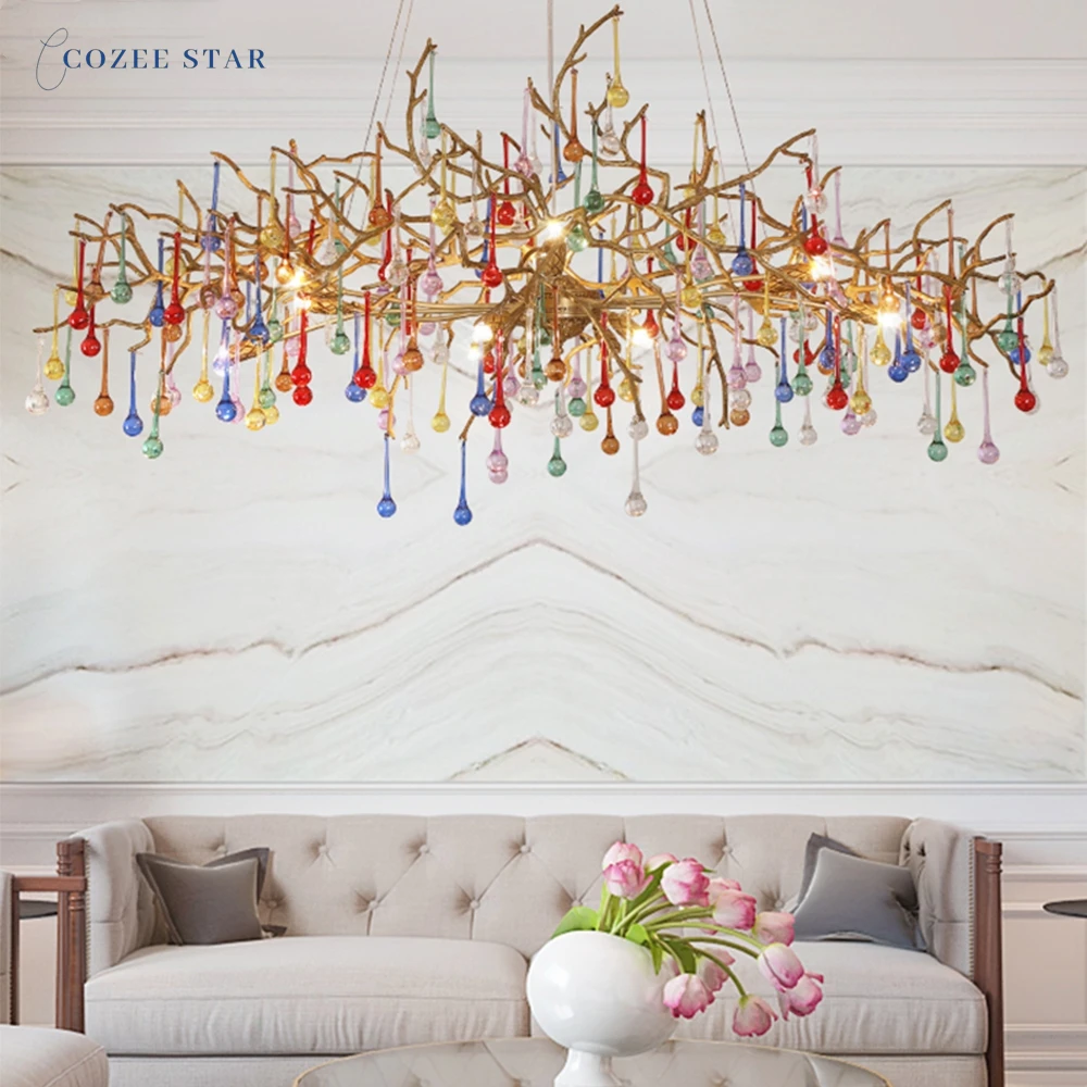 Modern Copper Chandeliers Lighting Luxury Brass Glass Tree Branch Colorful Water Drop Lights Bedroom Living Room Lamps Lustre