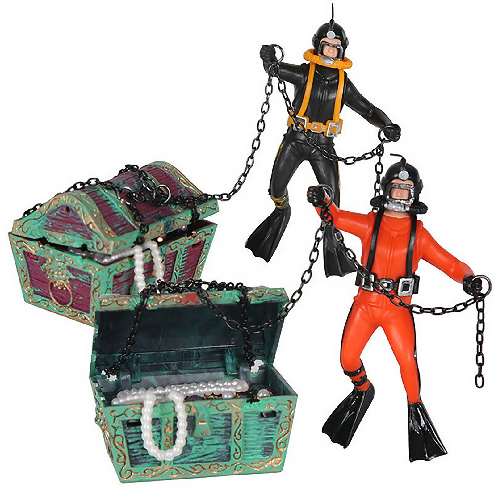 Treasure Chest Hunter Diver Action Figure Fish Tank Ornament Air Bubbler Movement Aquarium Undersea Landscape Decorations