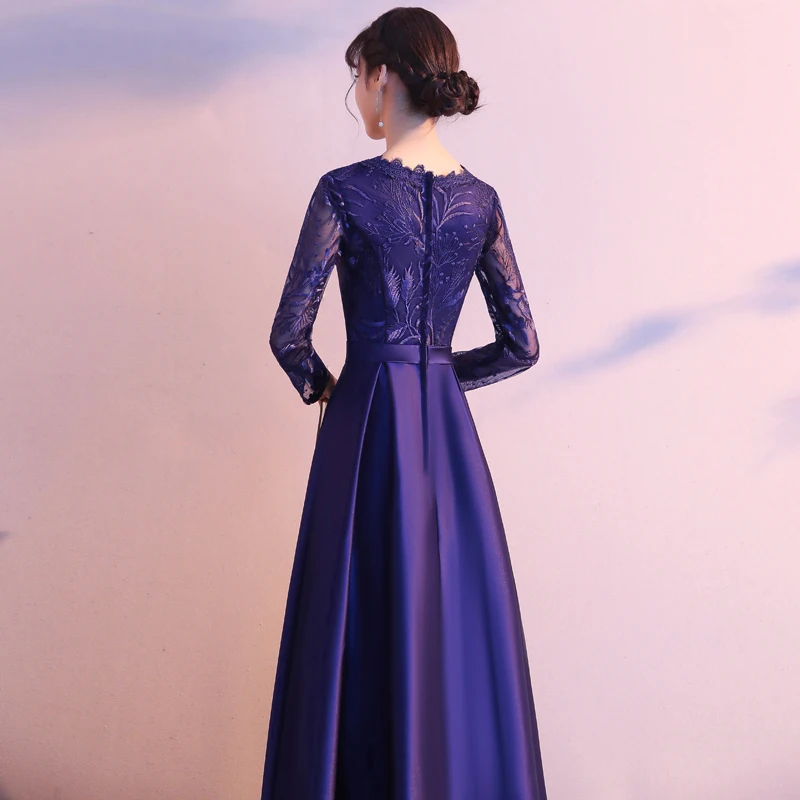 Wei yin AE0247 Dubai-Vestidos de Noche de lujo de encaje azul marino, manga larga, corte en A, moda musulmana, elegantes vestidos de noche