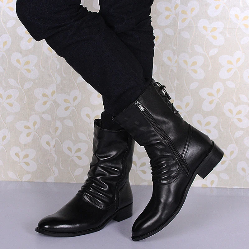 

Korean style men's fashion motorcycle boots black soft leather shoes trend high top boot autumn winter short botas hombre zapato