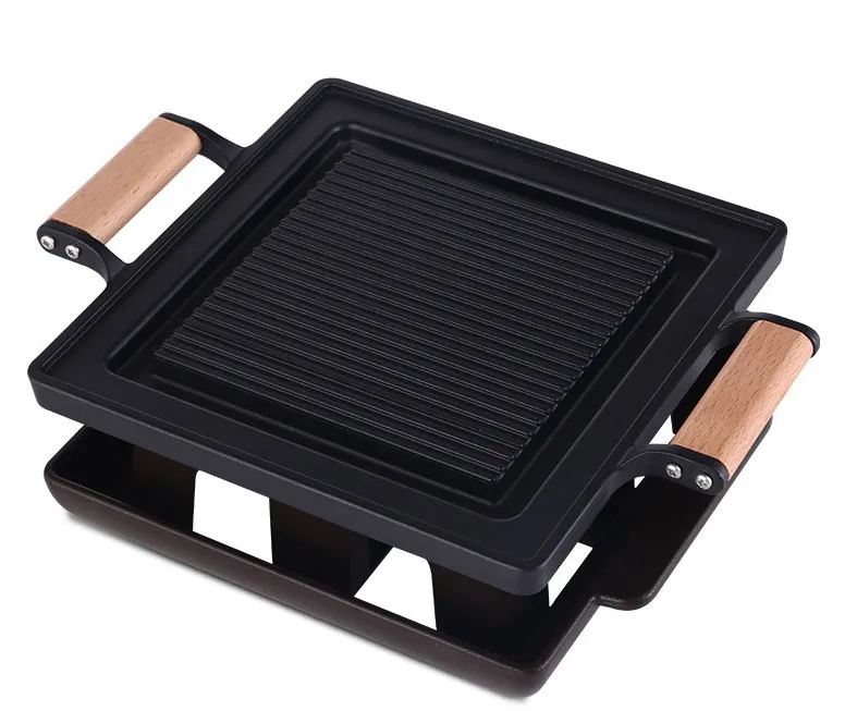 Portable square bbq grill non stick pan commercial Japanese  Korean restaurant heater wooden handle small table barbecue grills