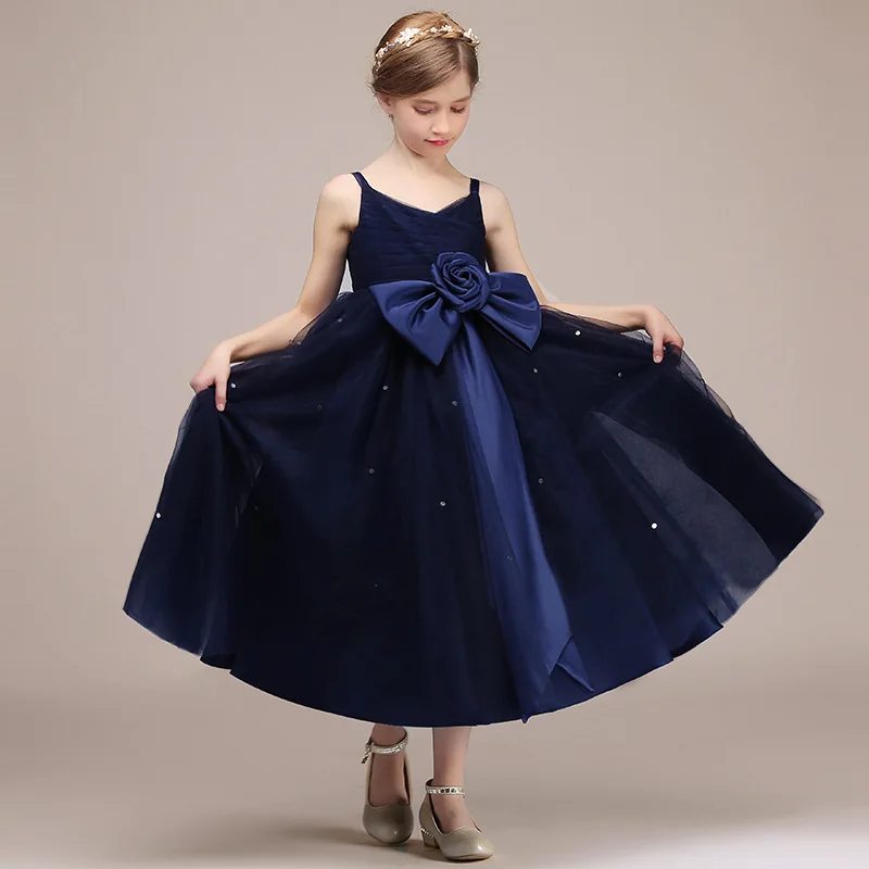 Dideycolor-vestidos princesa azul marinho para crianças, vestido de festa formal para menina, gravata borboleta com tule, gravata borboleta para aniversário