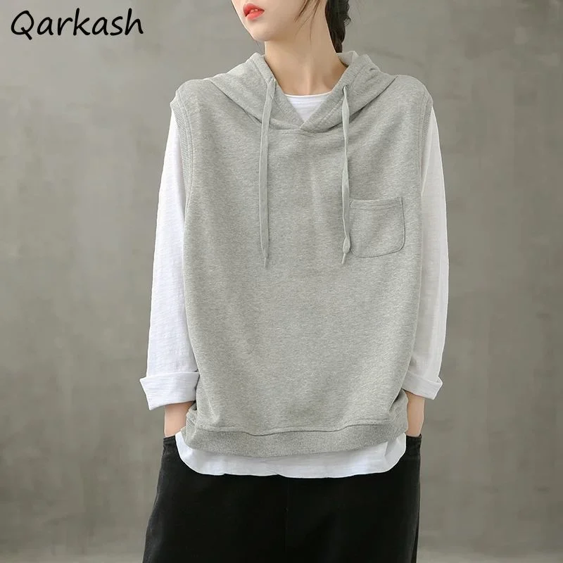 

Vests Women Hooded Solid Unisex Causal Pockets Spring Korean Street Style Couple Retro Outerwear Loose Cozy Soft Female Popular