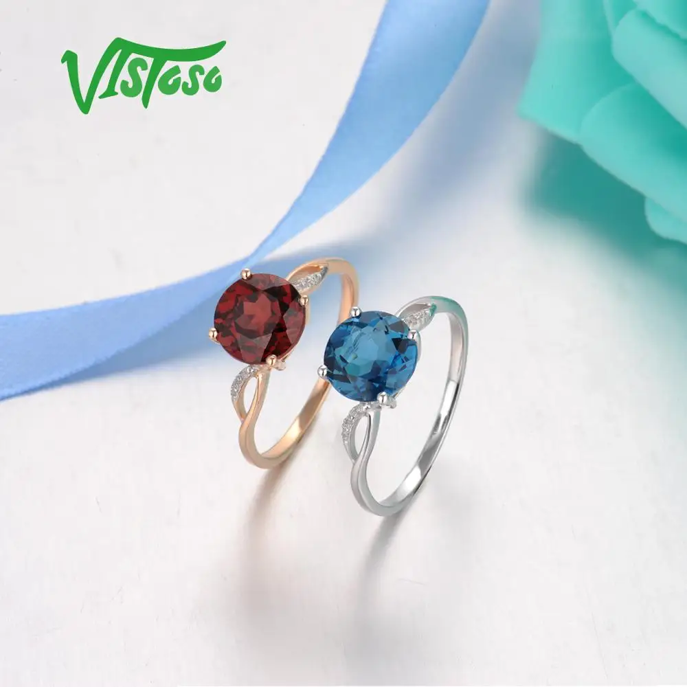 VISTOSO Gold Ring For Women Genuine 14K Gold Ring Sparkling Diamond London Blue Topaz Garnet Wedding Anniversary Fine Jewelry