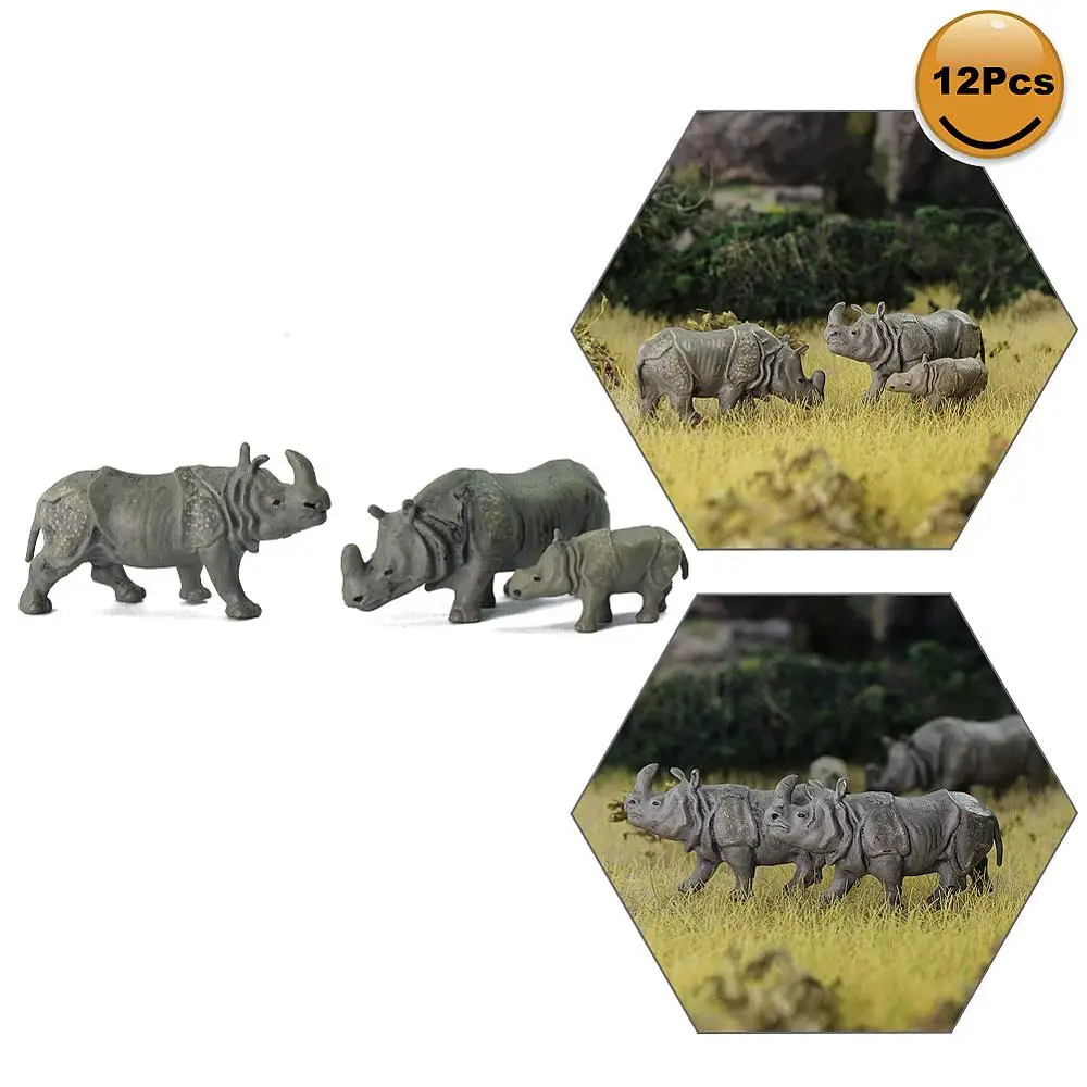 12pcs/24pcs Model Train 1:87 Rhino PVC HO Scale Painted Wild Animals Model Rhinoceros Layout AN8711