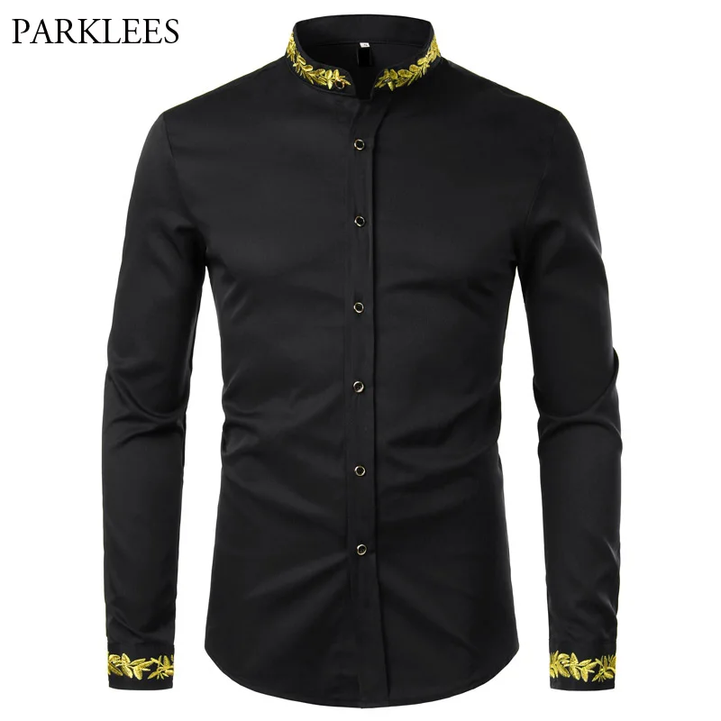 Schwarz Gold Stickerei Hemd Männer 2022 Frühjahr Neue Herren Kleid Shirts Stehkragen Button Up Shirts Chemise Homme Camisa Masculina