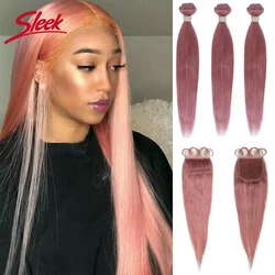 Sleek Brazilian Bundles With Closure Pink Color Straight 3 Bundles With Closure Natural Remy Human Hair For Black Women