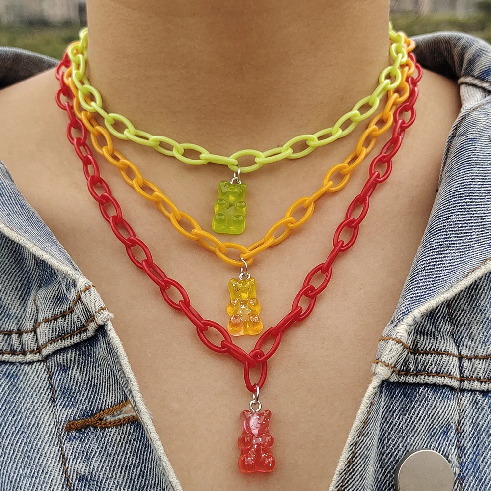 ZX Cute Gummy Bear Pendant Necklace for Women Candy Color Acrylic Chain Long Necklace Hip Hop Jewelry Wholesale Christmas Gifts