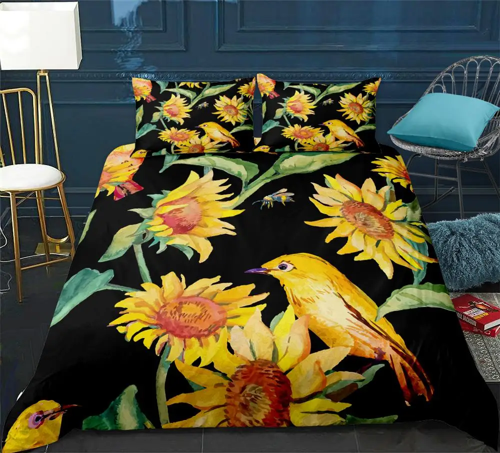 

3-piece Sunflower Bedding set Retro floral black background Bedclothes Gold bird Dropship Bedding set home textile