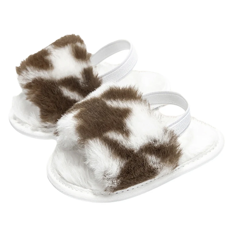 Jlong Faux Fur Slides Sandals Newborn Non-Slip Shoes Baby Girls Leopard Plush Sandals Indoor Outdoor Infant Slippers 0-18M