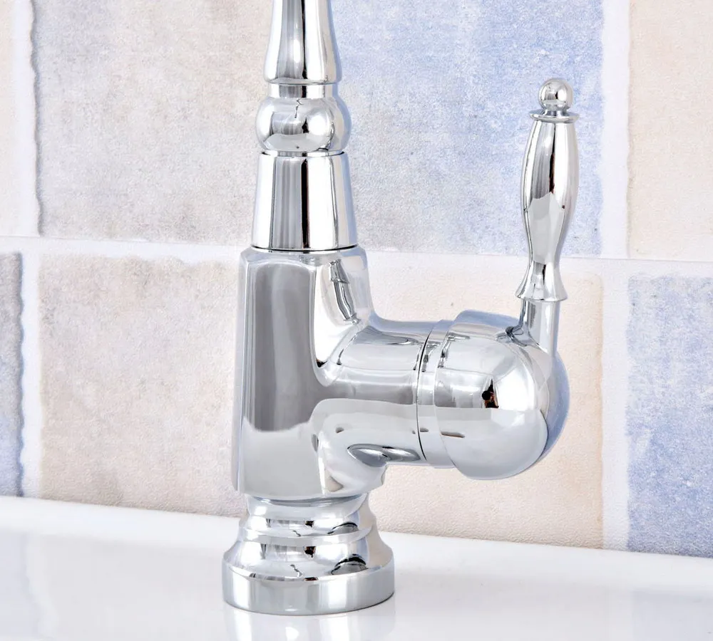 Prata Polido Latão Cromado Único Furo Único Punho Bica Giratória Kitchen Sink Banheiro Navio Bacia Toque Mixer Torneira asf645