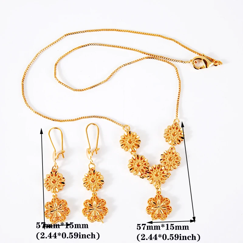 Ethiopian Dubai Jewelry Sets for Women 18k Gold Plated Copper African Necklace Earrings Sets Arab Wedding Bridal Dowry Jewelry