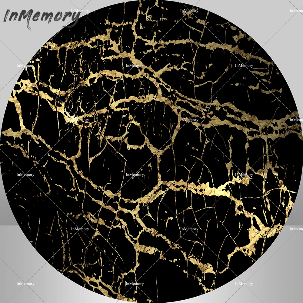 Round Circle Background Gold and Black Marble Birthday Backdrop Photocall Party Decoration Table Cover Elastic