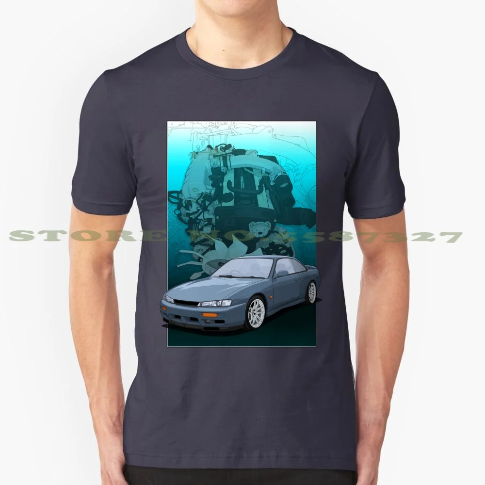 200Sx / 240Sx S14 Illustration With Rb25 Engine Background. ( Engine Swap ) 100% Pure Cotton T-Shirt Silvia 200Sx 240Sx S14A