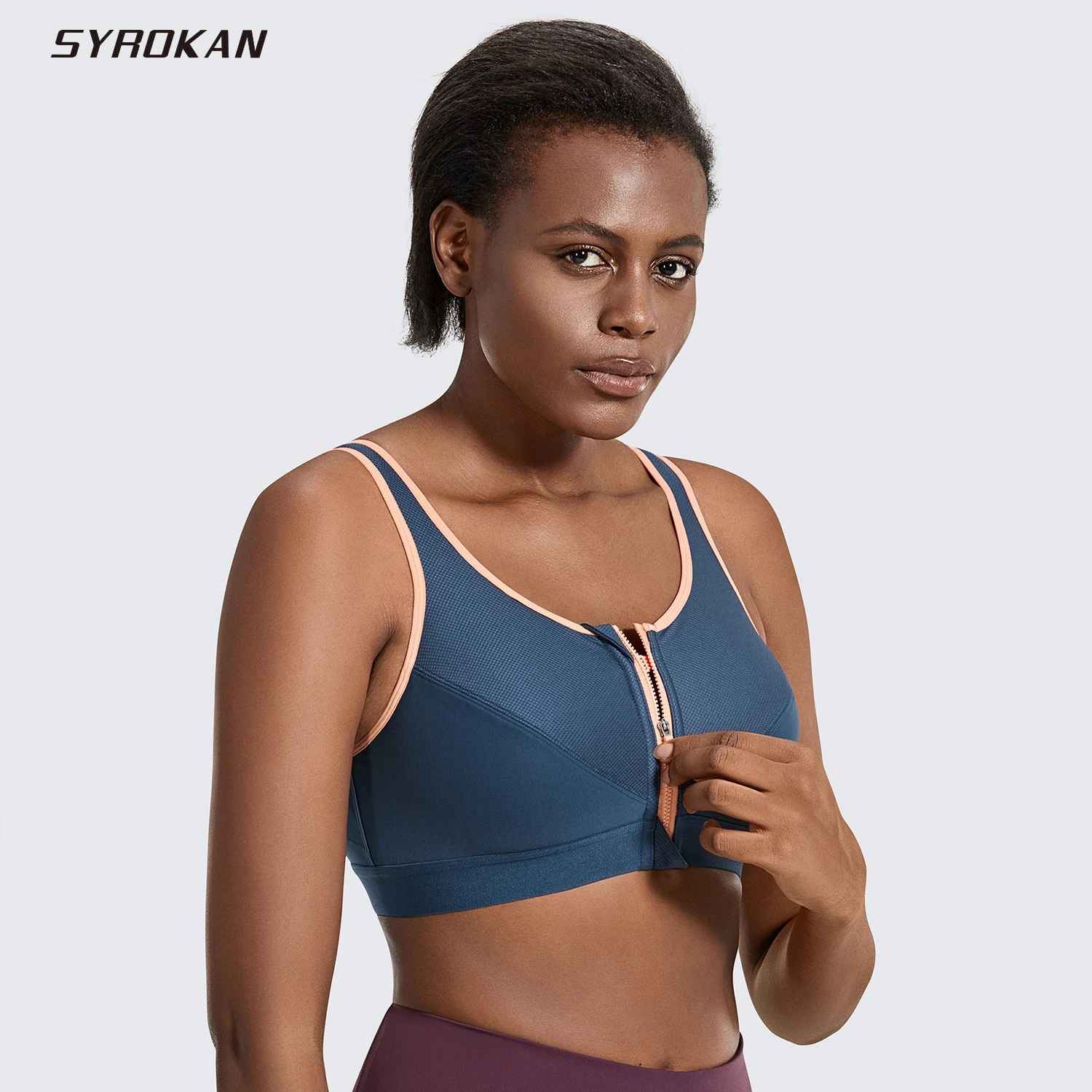 SYROKAN Women's High Impact Zipper Front Non-padded Wire Free X Back Sports Bra