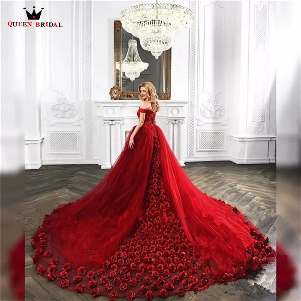 Wine Red Wedding Dresses Ball Gown Big Train Tulle 3D Flowers Appliques Luxury Formal Bride Gown Custom Made JY69