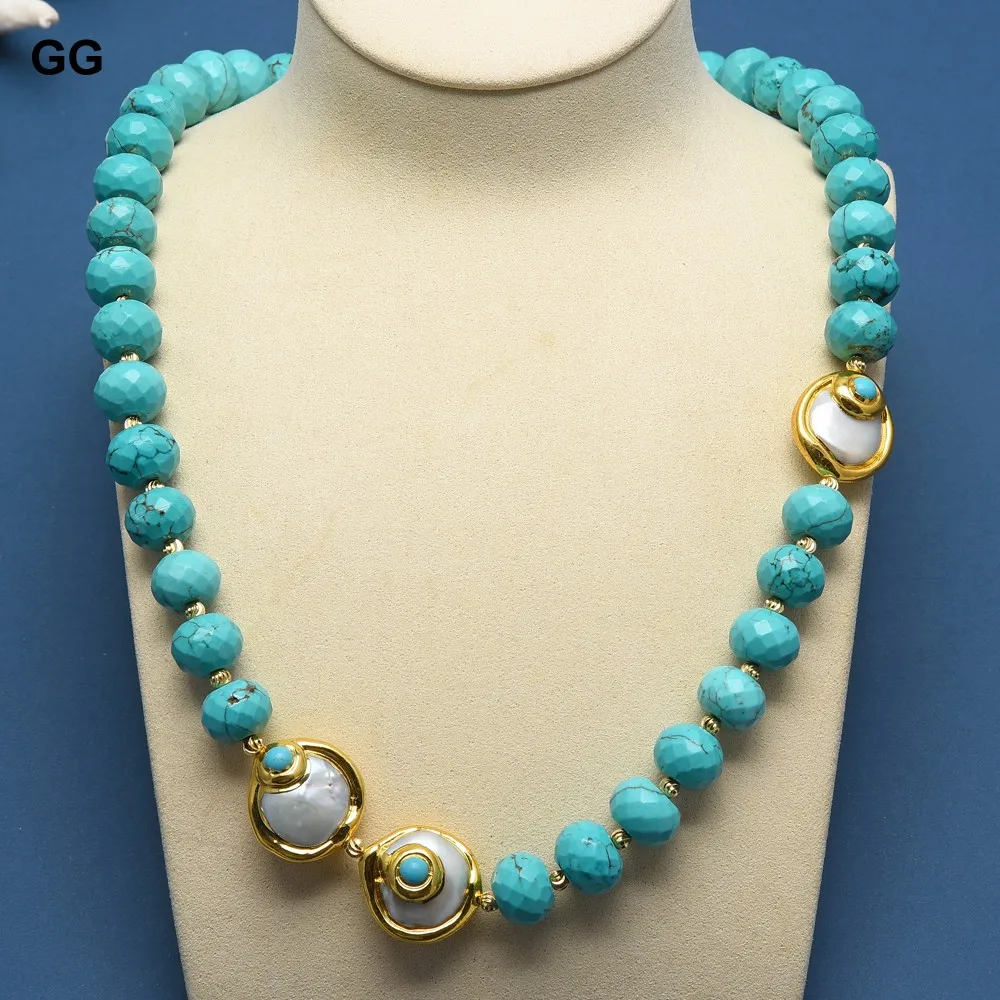 

GG Natural White Coin Pearl Gold Electroplated Edge Blue Turquoise Chocker Necklace 25" Punk style For Women