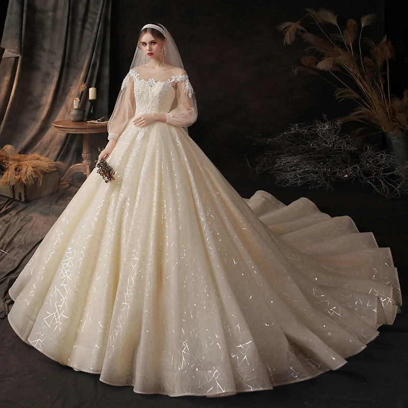 Gaun Pengantin Leher O Tulle Motif Bunga Bordir Penuh Puff Lengan Sederhana Elegan Berenda Panjang Baru Wanita Pengantin Gaun B035