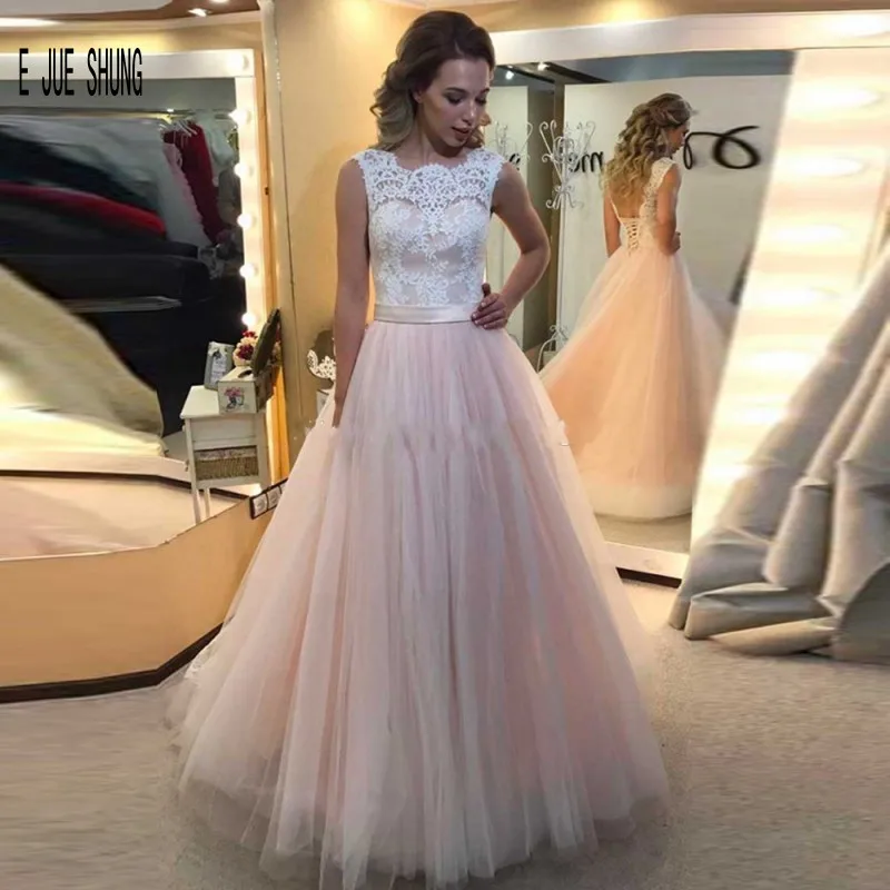 

E JUE SHUNG Pink A Line Wedding Dresses 2019 Square Collar Backless Sleeveless Lace Appliques Bridal Gowns robe de mariée