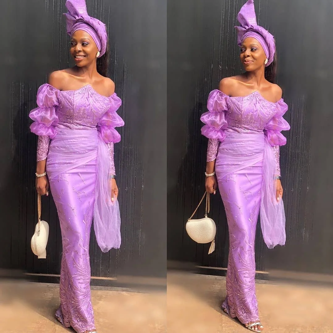 Aso Ebi Nigerian Light Purple Evening Dresses Appliques Off The Shoulder Long Sleeves Sheath Women Formal African Party Gowns