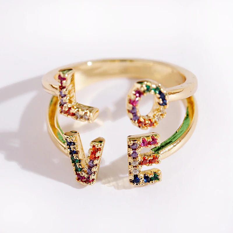 Luxury Love Shape Rings Letter Geometric Copper Rings For Women Gold Color CZ Ring Fashion Jewelry 2020
