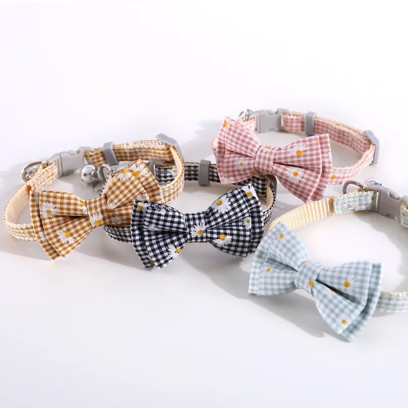 Daisy Plaid Pattern Cat Collar Adjustable Bowknot Kitten Bow Tie Lovey Puppy Necklace Decor Pets Accessories