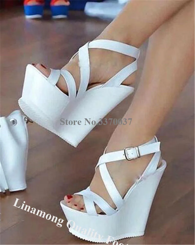 Linamong New Design Open Toe White High Platform Wedge Sandals Strap Cross Buckle Height Increased Wedges Causal Heels Shoes