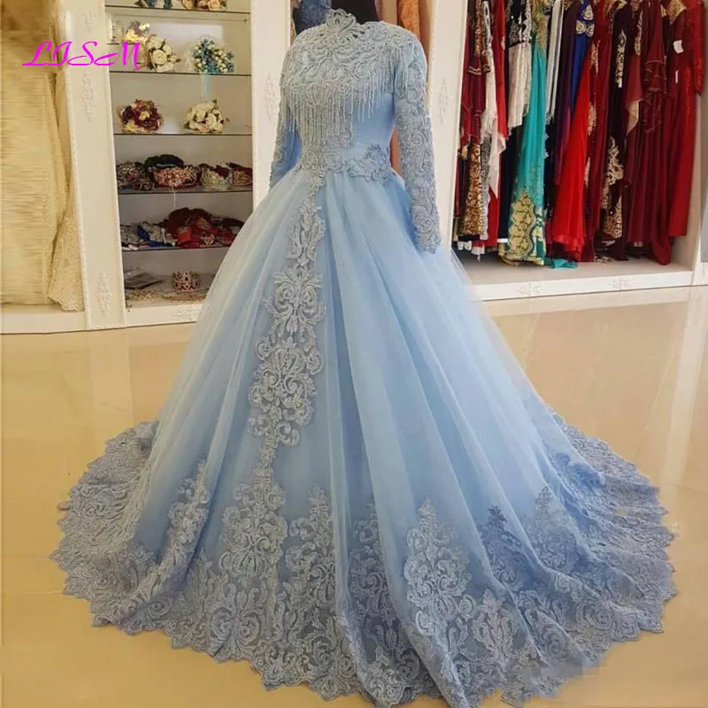 Hellblaue High Neck lange Ärmel Abendkleider Vintage Spitze Applikation arabische muslimische Ballkleid formelle Party kleider