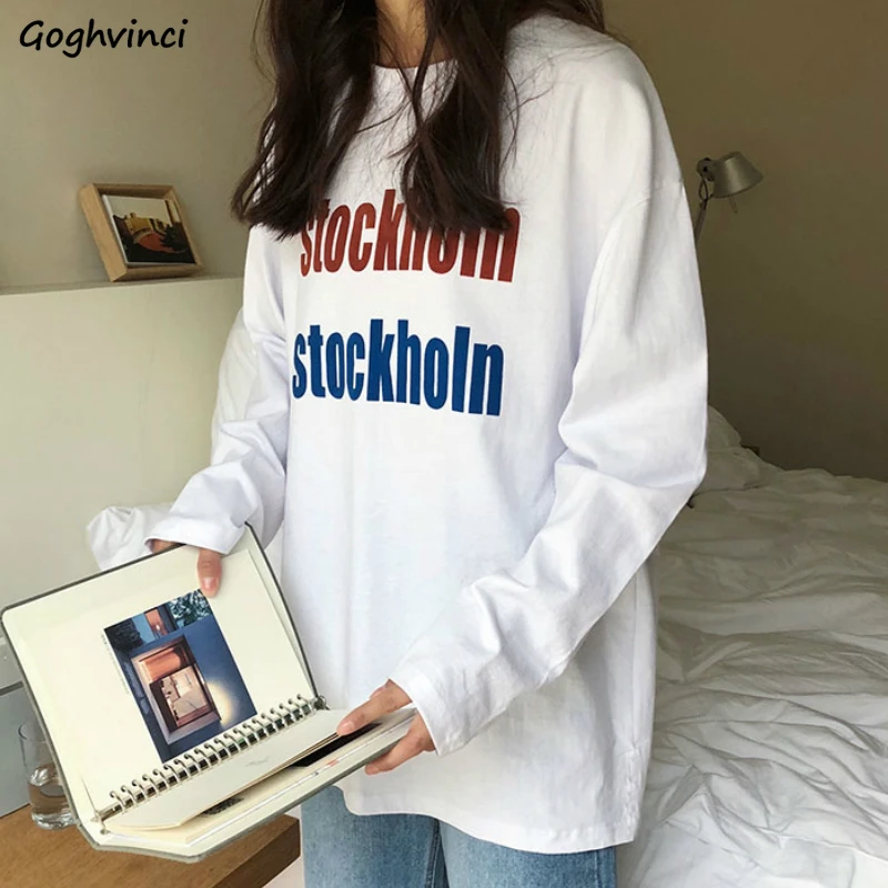 T-shirts Women Letter Printed Long Sleeve Tshirts Womens Leisure Chic Tees Ins Basic All-match Retro Loose Harajuku Teens Trendy