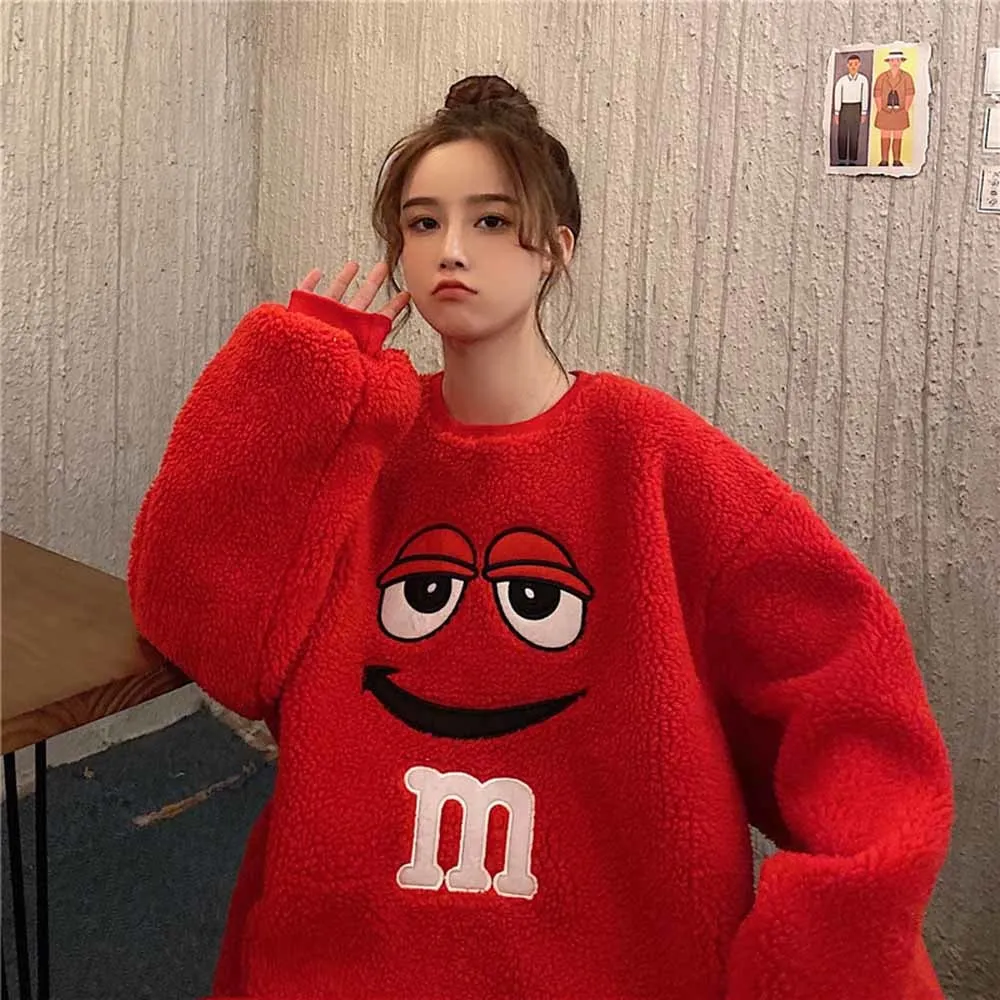 Faux Lamb Wool Hoodies Sweatshirts Women O Neck Cartoon Letter Sweatshirts Long Sleeve Loose Pullocver Outwear