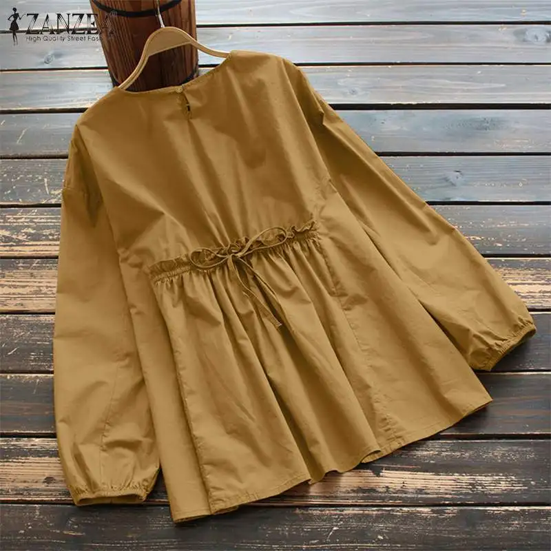 ZANZEA Elegant Ruffles Blouse Women Autumn Shirt Casual O neck Long Sleeve Tops Female Solid Cotton Blusas Chemise Femininas