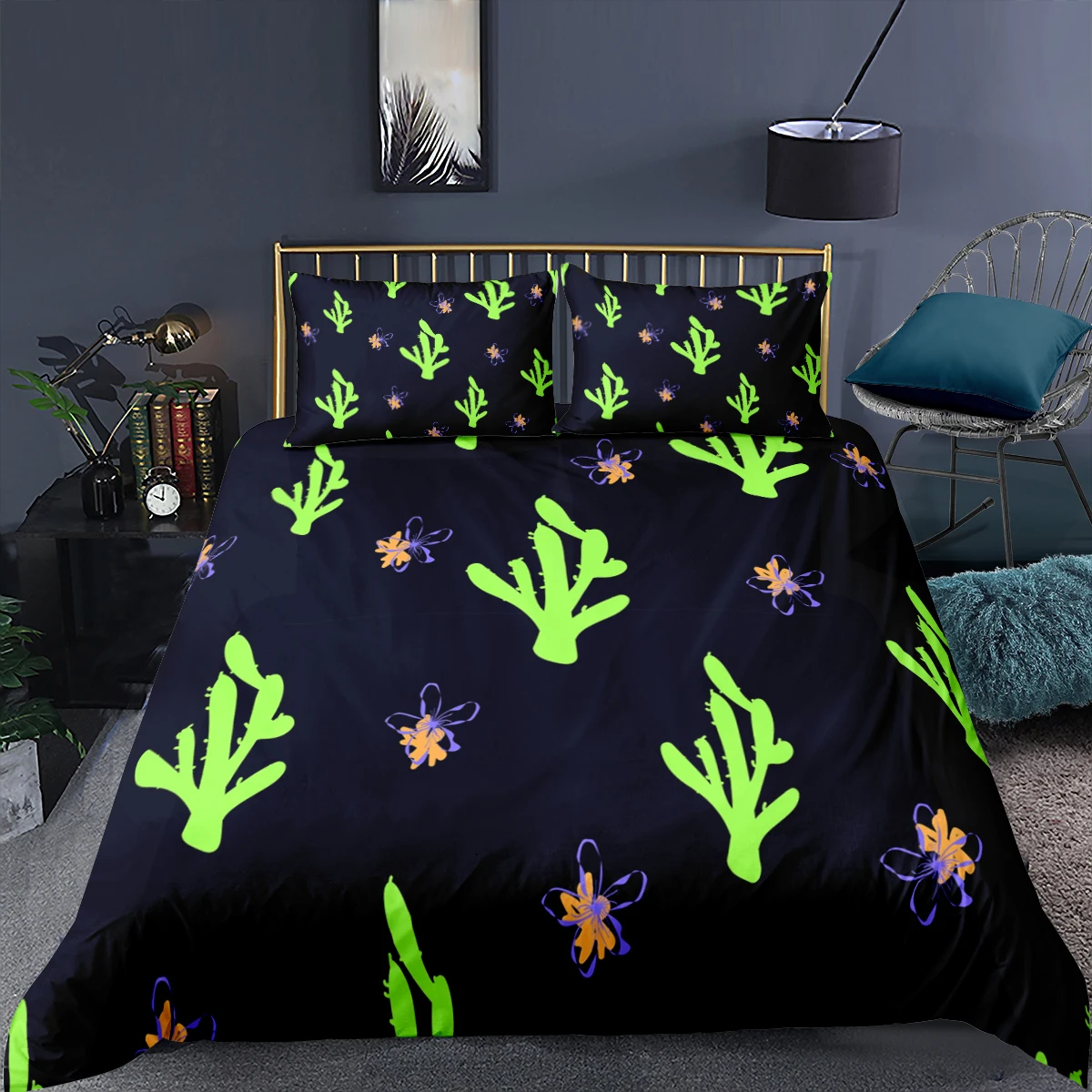 Cartoon Cactus Duvet Cover Pillowcase Fashion Bedding Set Twin Full Queen King Size Kids Adults Bedclothes Black Home Textile