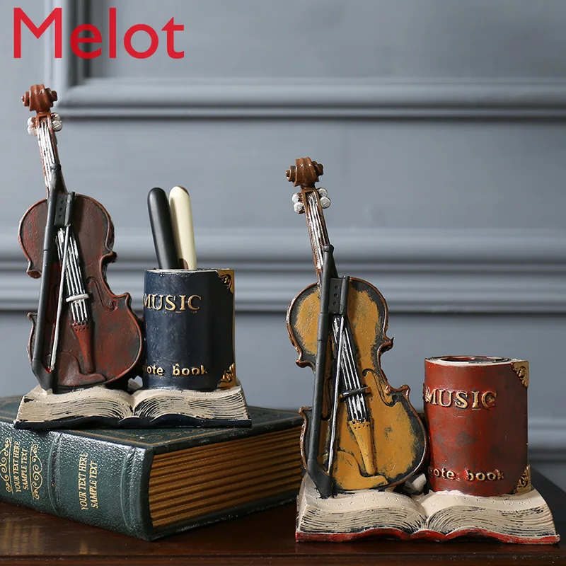 Personalized Creative Retro Violin Book Desktop Pencil Vase  Study Desk Surface Panel Home Living Room Decoration Art Products