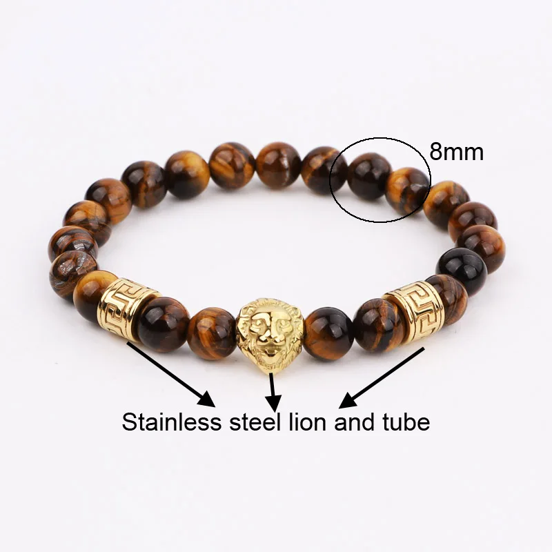 High Quality New Design Natural Stone Tiger Eye Onyx Lava Rock Beads Stainless Steel Lion Charm Elastic Bracelet Men Jewelry
