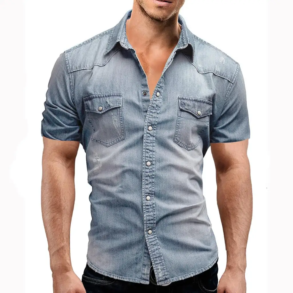Heren Zomer Denim Dun Shirt Korte Mouw Zacht Katoen Twee Zakken Slank Licht Elastisch Jeans Cowboy Shirt Kleding 2026