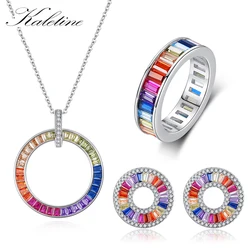 KALETINE Charm Rainbow CZ 925 Sterling Silver Rings Pendant Geometric Circle Initials Earrings Chain For Women Jewelry Set