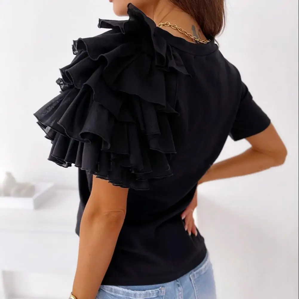 Fashion T-shirt Women t shirt Layered Ruffle Short Sleeve Solid Color Asymmetric Loose T-shirt Tees Top for Summer 2021