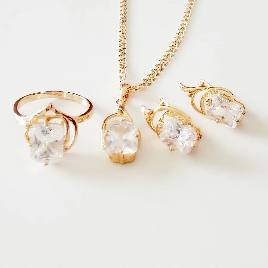 Dubai Style Luxury Women Jewelry Set  585 Rose Gold Color Plating Trendy Square White Stone Ring and Earring Accessory